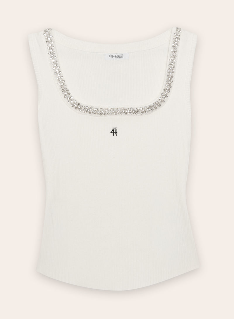 White Embellished Trim Square Neck Vest Top