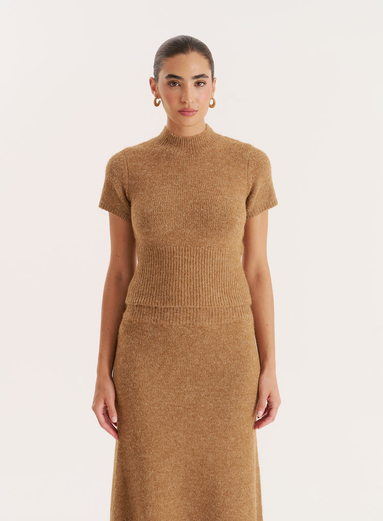 Camel Knitted Ribbed Waist Band Crop Top- Phyllis
