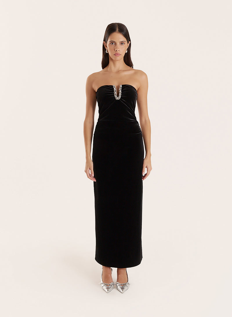 Black Embellished Velvet Midaxi Dress- Vera