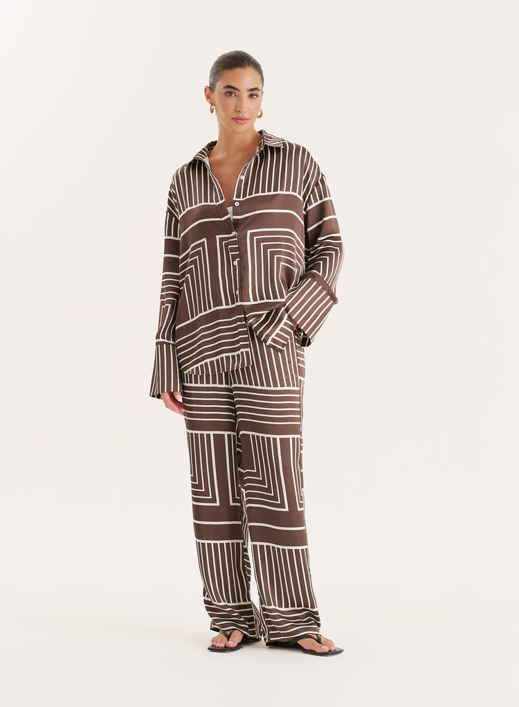 Chocolate Abstract Print Satin Shirt- Amira