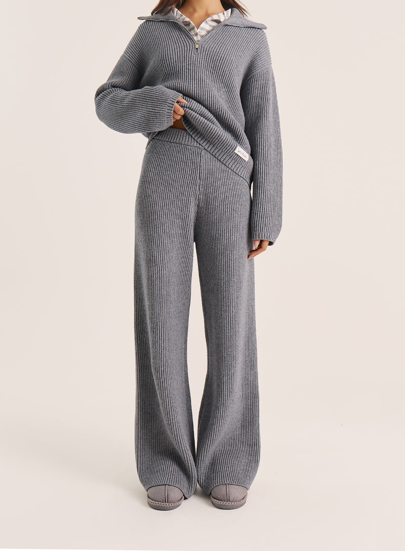 Light Grey Ribbed Knitted Wide Leg Trousers