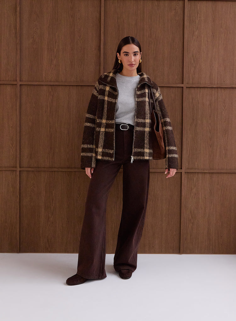 Chocolate Checked Knitted Zip Jacket- Samira