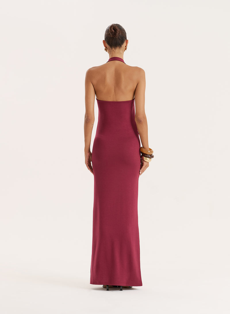 Plum Knot Detail Halterneck Jersey Maxi Dress- Evie