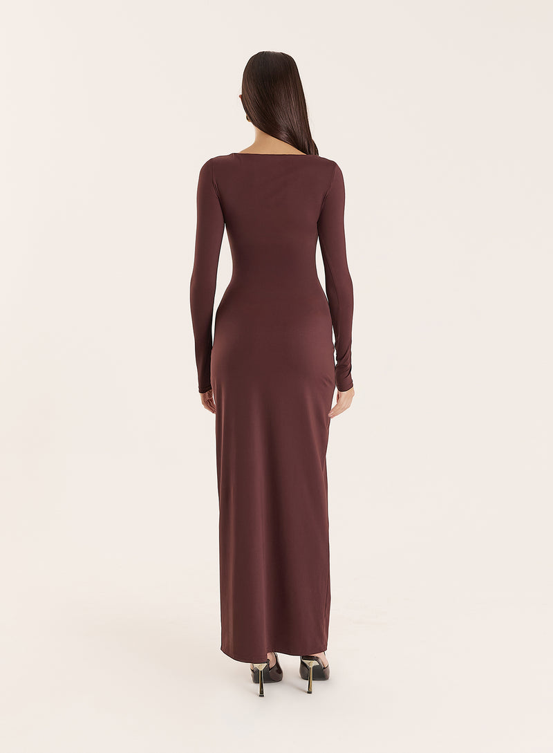 Chocolate Long Sleeve Ring Detail Maxi Dress- Gery