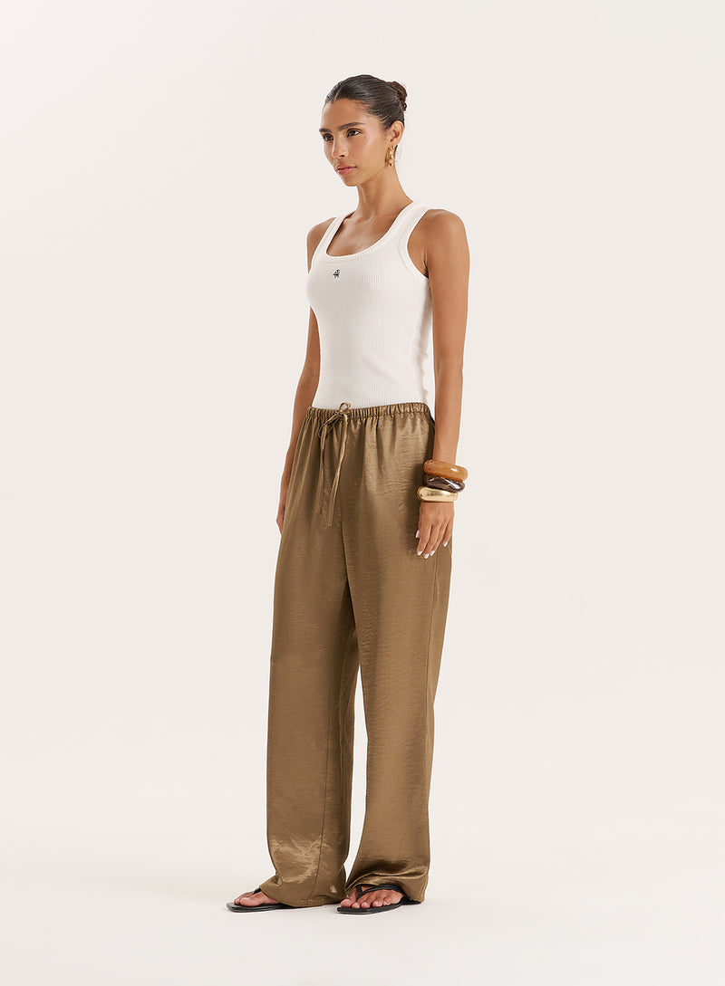 Mocha Satin Tie Waist Wide Leg Trouser- Shelby