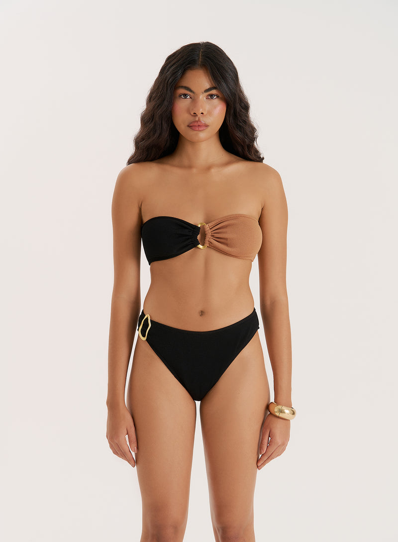 Black And Chocolate Crinkle Bandeau Bikini Top- Cecelia
