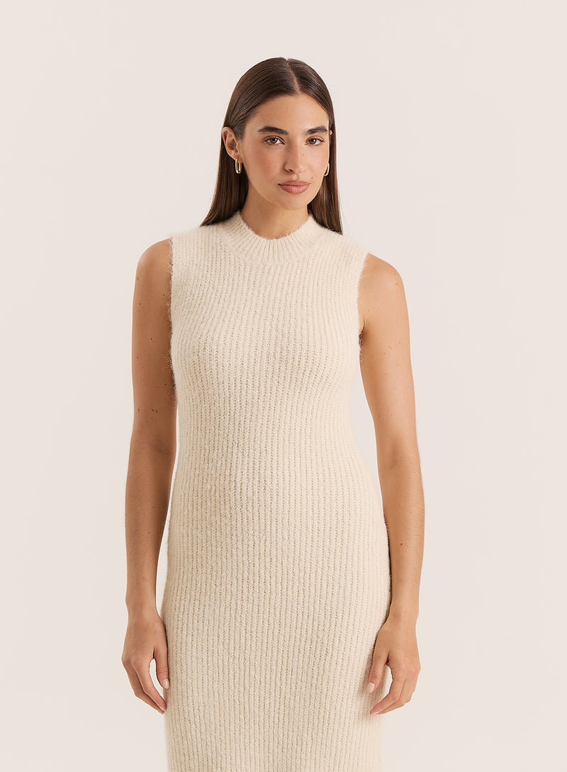 Beige High Neck Knitted Sleeveless Dress- Gillian