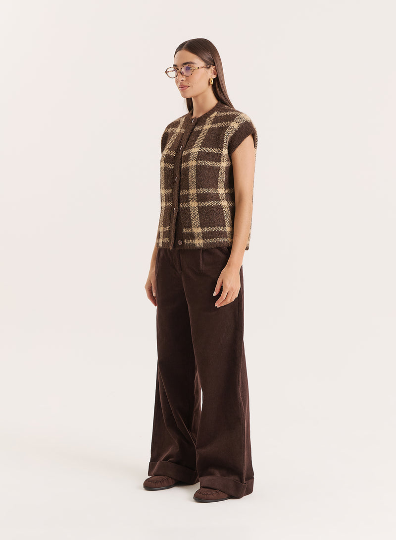 Multi Check Knitted Button Down Vest- Ashley