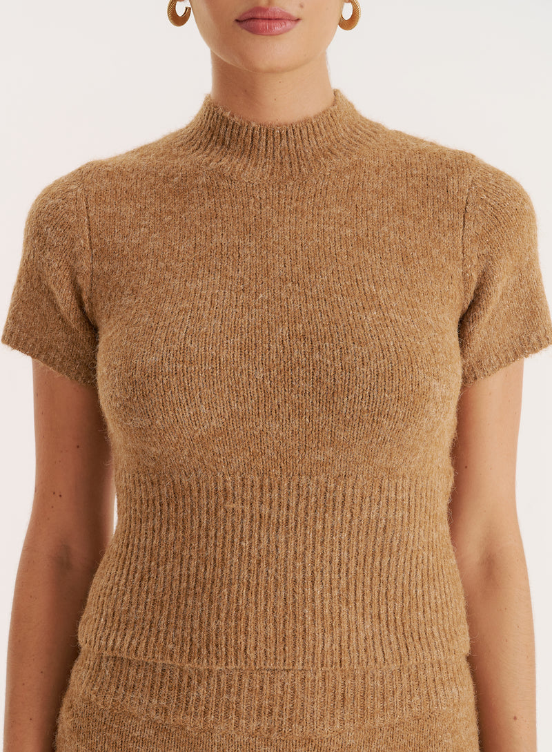 Camel Knitted Ribbed Waist Band Crop Top- Phyllis