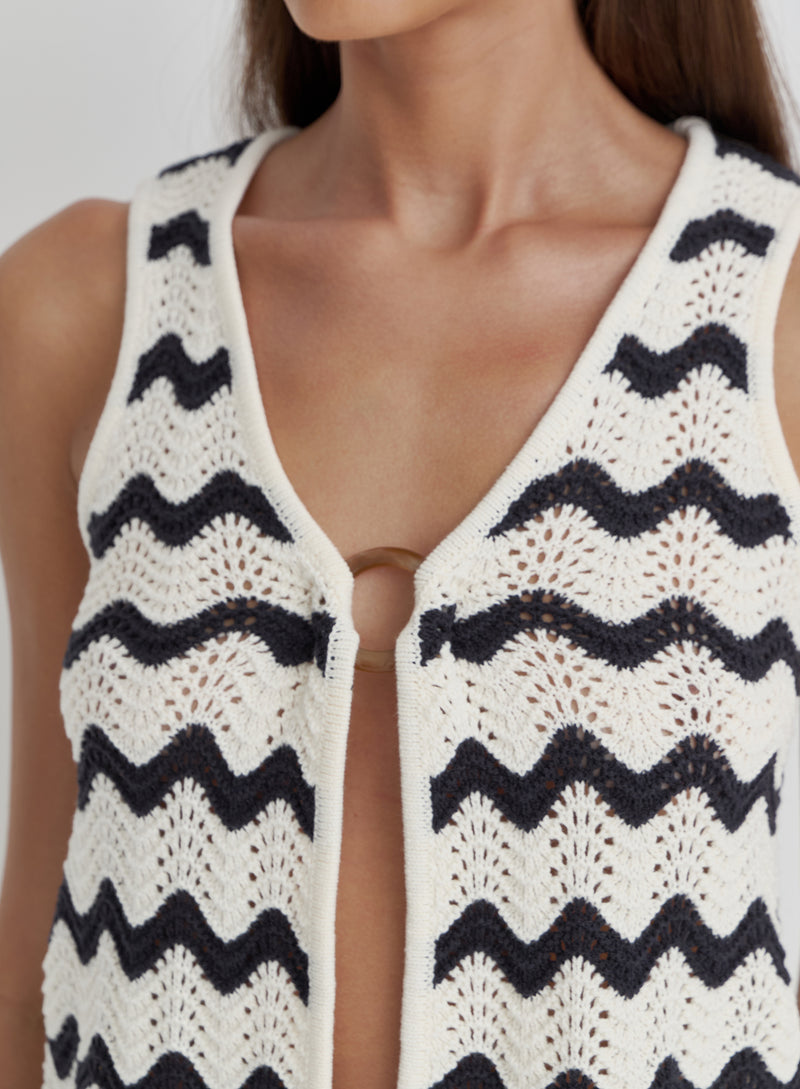 Navy And Cream Wave Crochet Tie Side Top- Ana