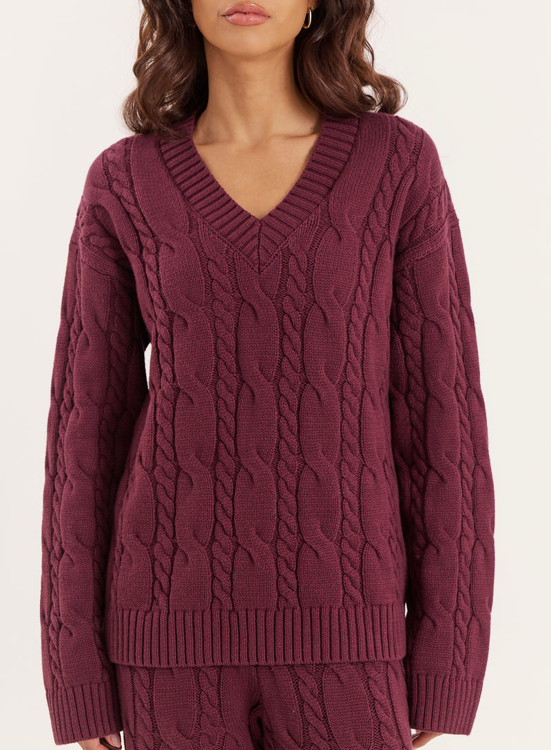 Burgundy Cable Knit V Neck Jumper- Jordan