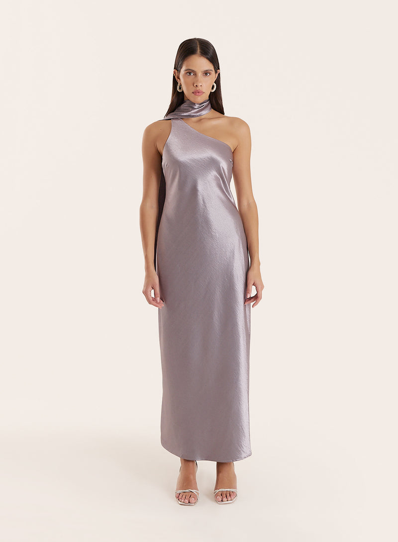 Silver Satin One Shoulder Scarf Neck Maxi Dress- Ellen