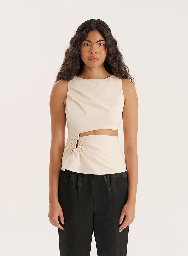 Cream Linen Blend Cut Out Hardware Detail Top- Milly