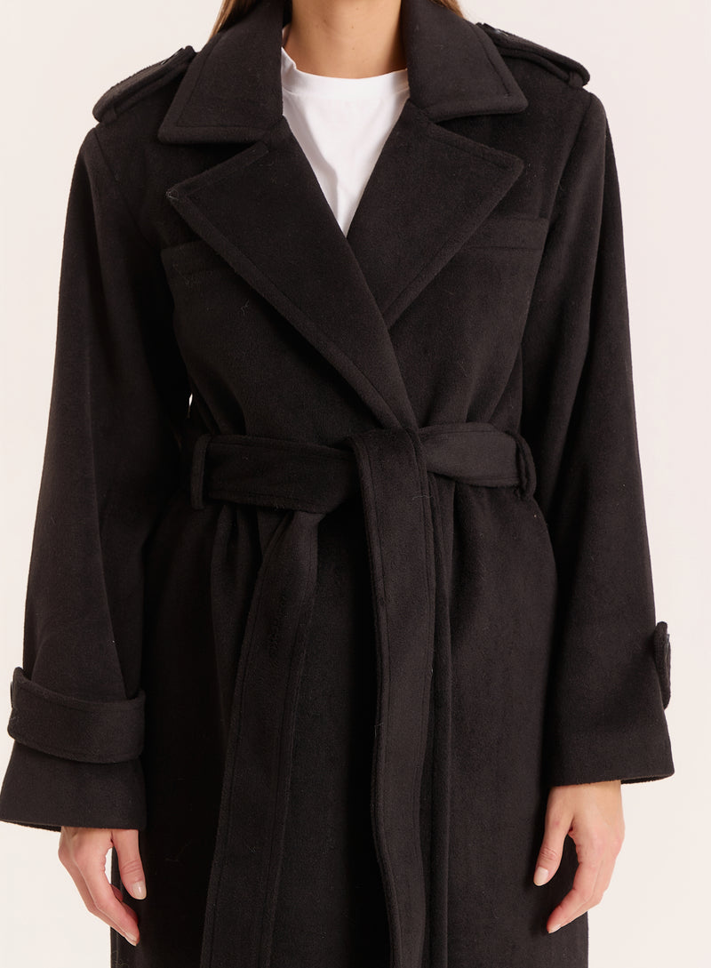 Black Tailored Belted Longline Coat- Anderson