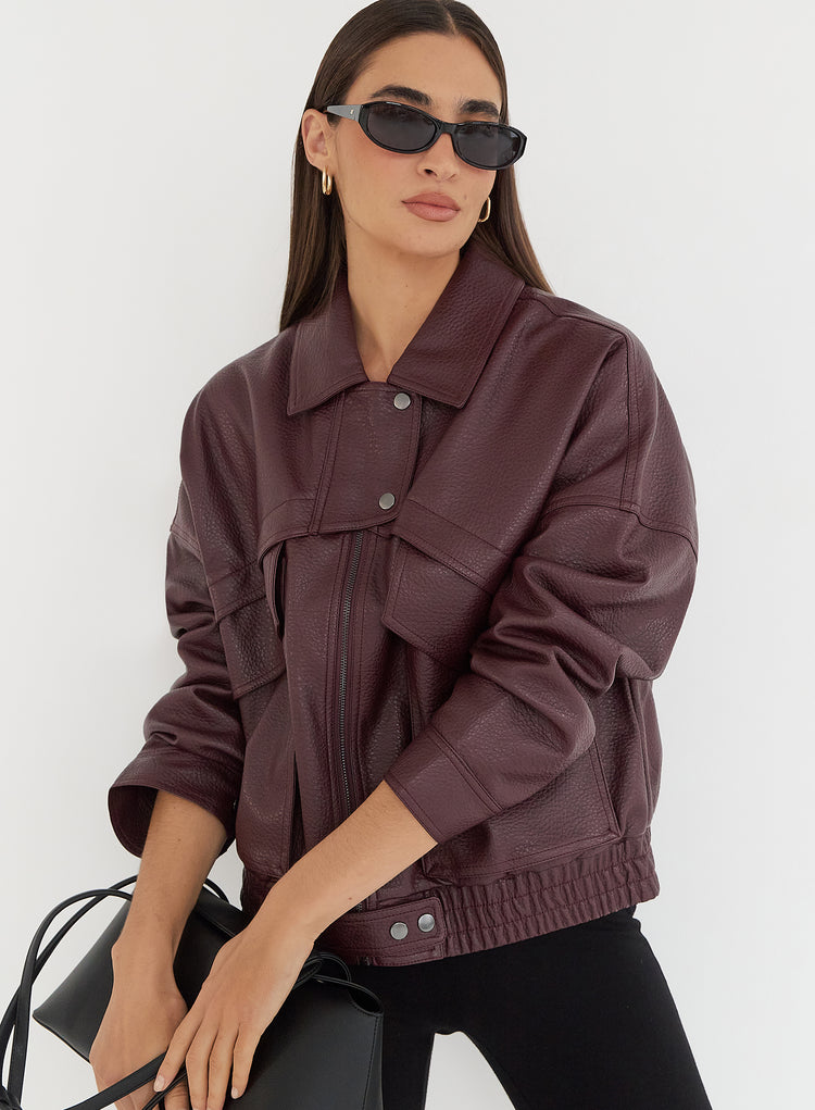 Burgundy Textured Faux Leather Cropped Jacket- Kerry