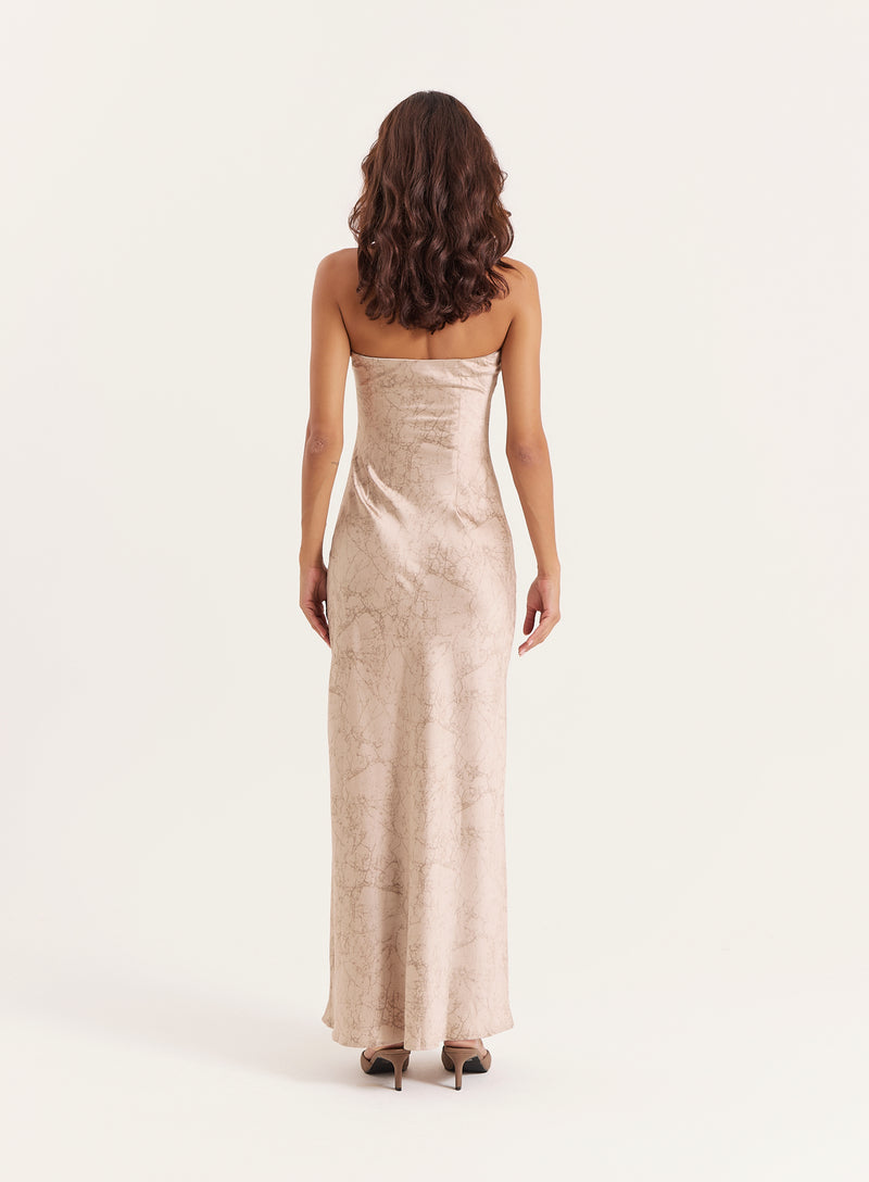 Beige Print Bandeau Satin Maxi Dress- Shona