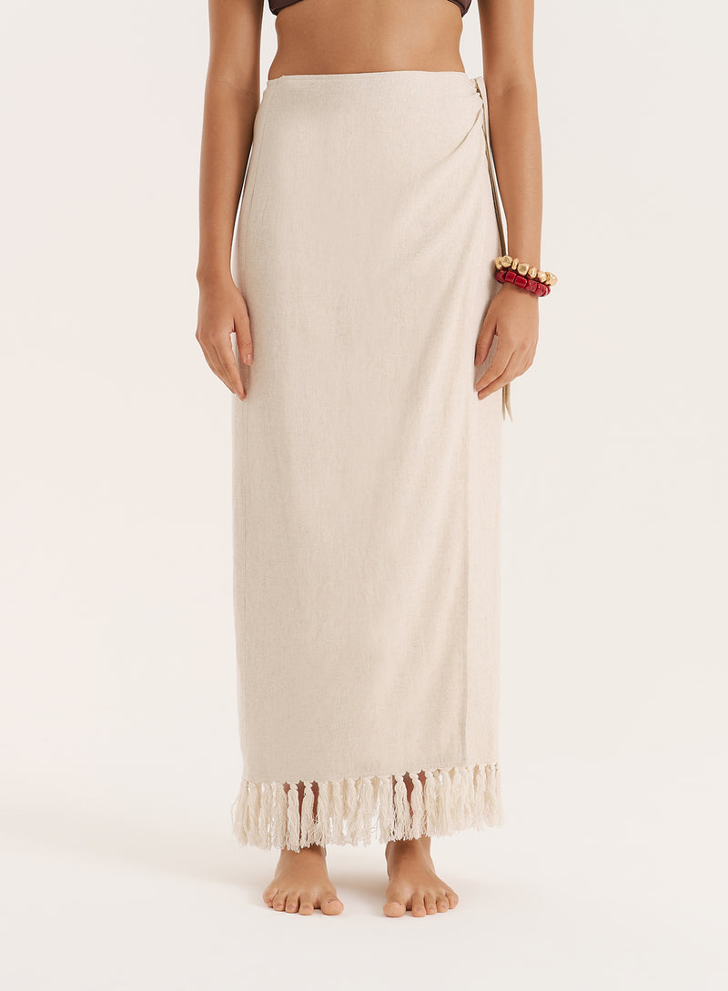 Ecru Linen Blend Fringe Trim Midi Skirt- Amey
