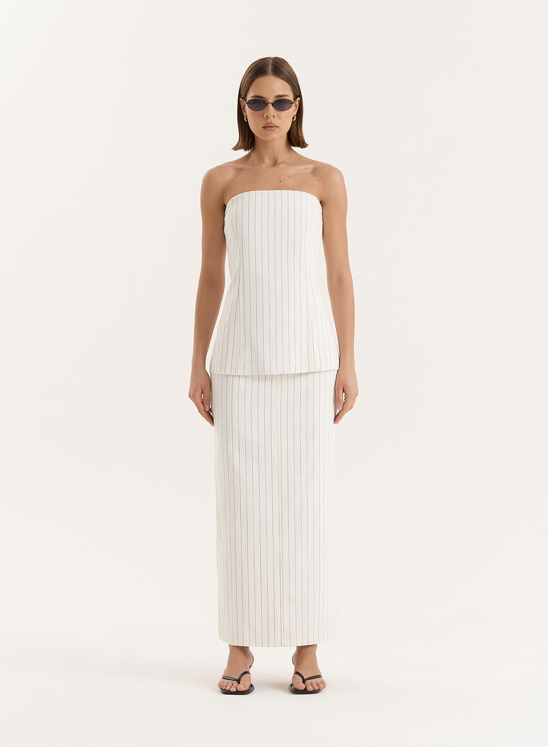 White Pinstripe Tailored Denim Maxi Skirt- Dionne