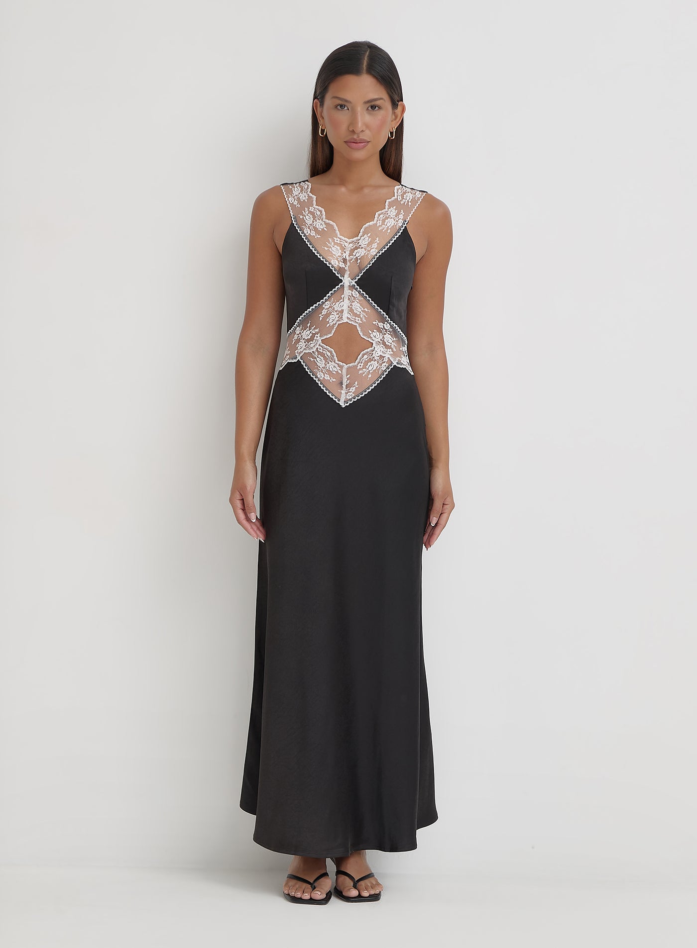 トップス SLY LACE DOCED SLIP DRESS Satin Lace Midi Slip Dress In Black - Adrianna Papell