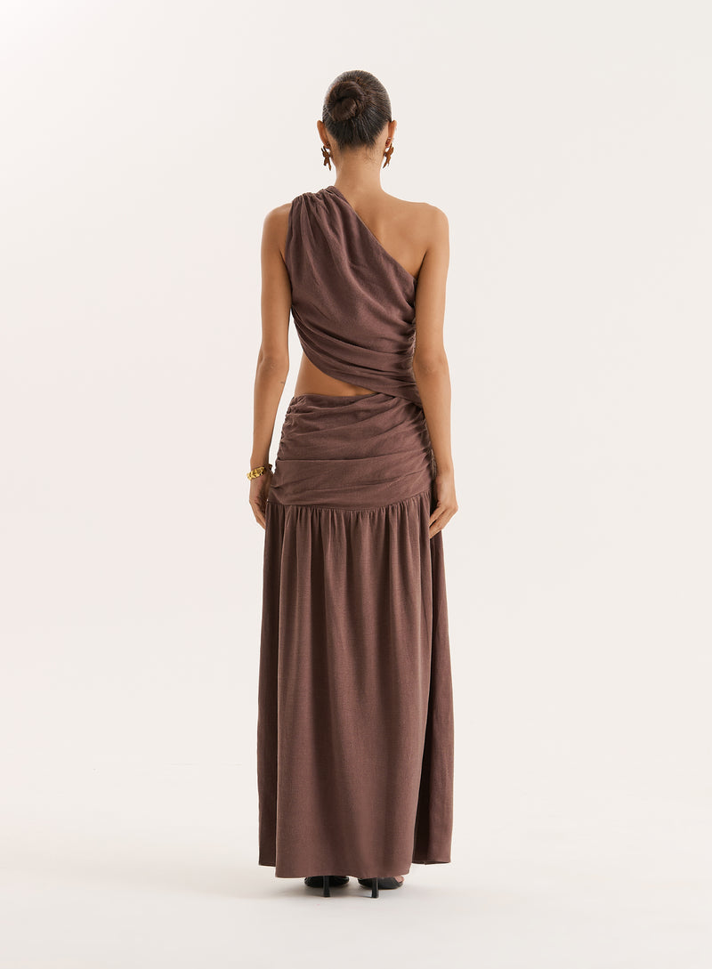 Brown Linen Blend One Shoulder Maxi Dress- Yara