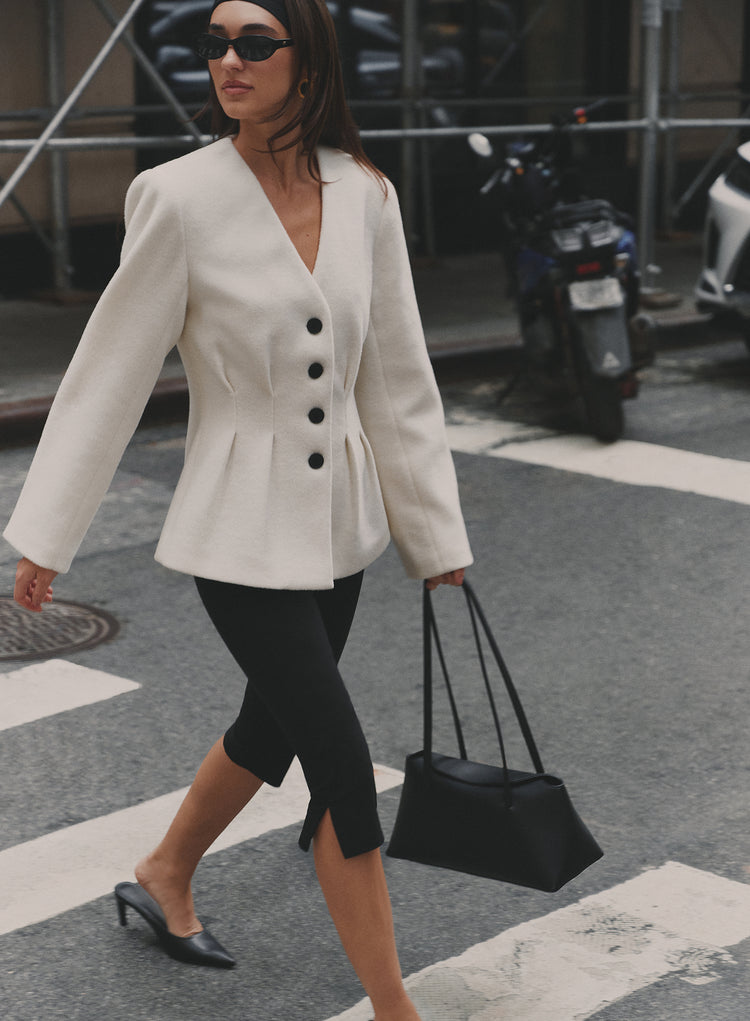 Cream Tailored Cinched Waist Wool Blend Blazer- Tilley