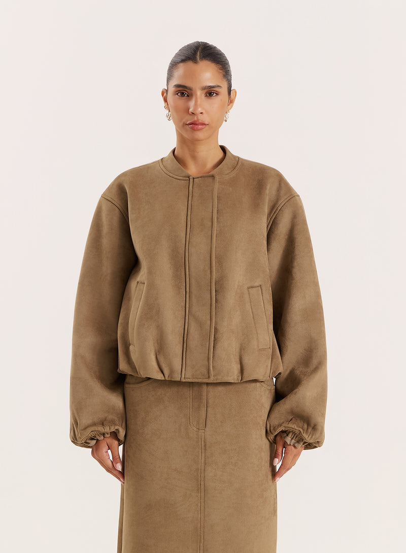 Olive Faux Suede Bomber Jacket- Lorna