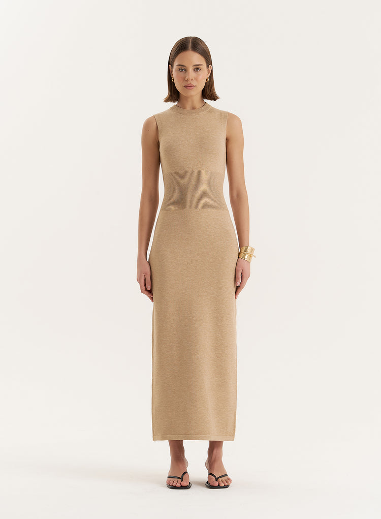 Beige Sleeveless Knitted Maxi Dress- Dai