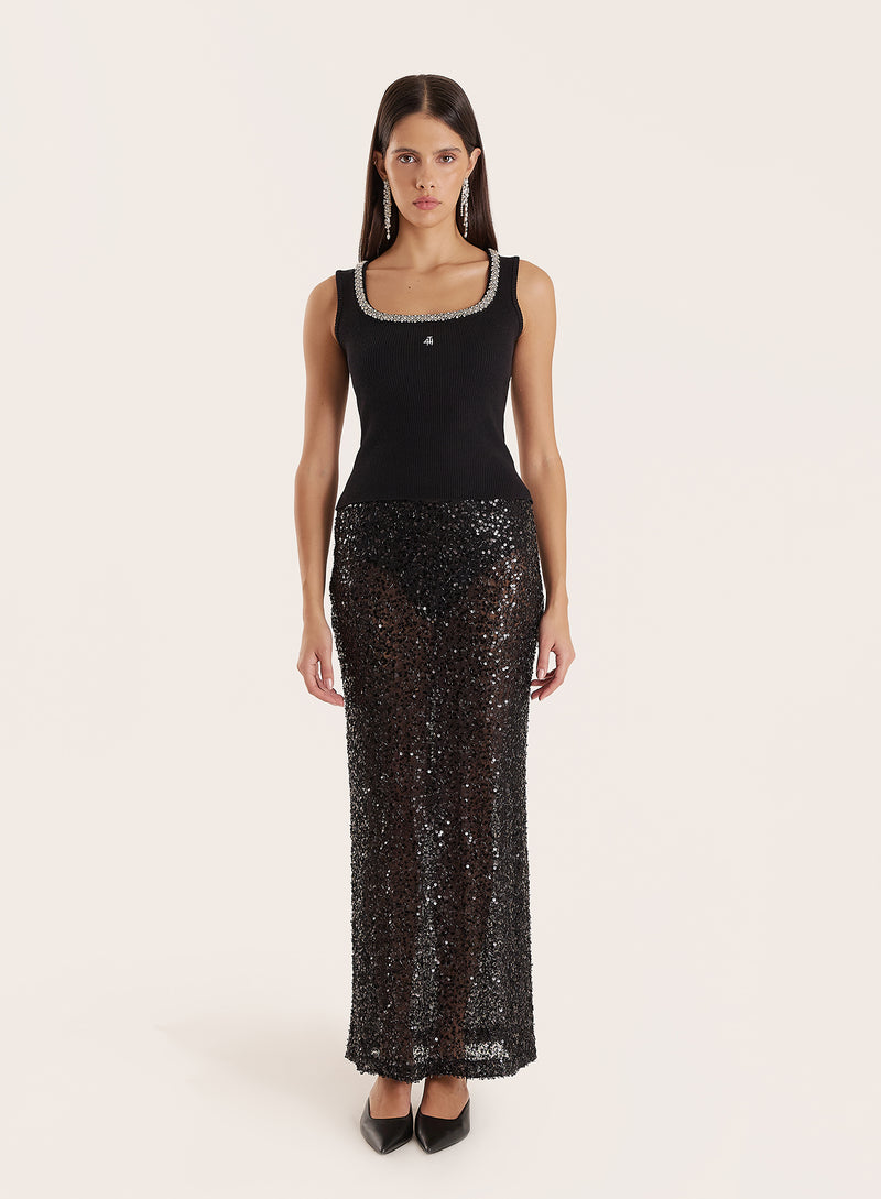 Black Sheer Sequin Maxi Skirt- Novie