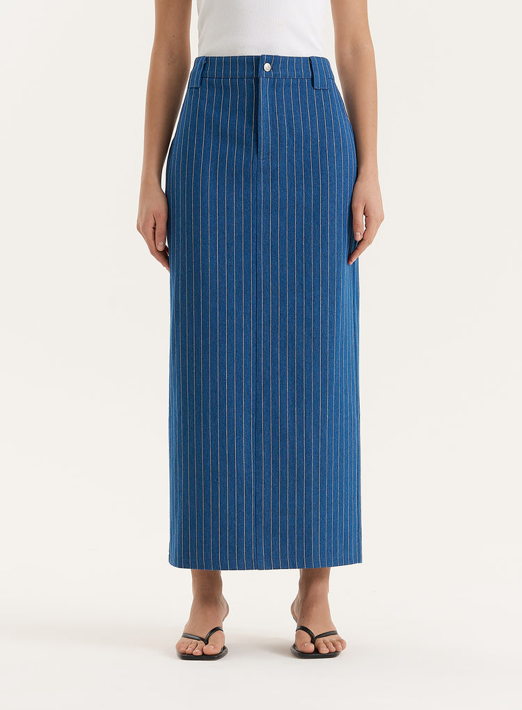 Blue Pinstripe Tailored Denim Maxi Skirt- Dionne