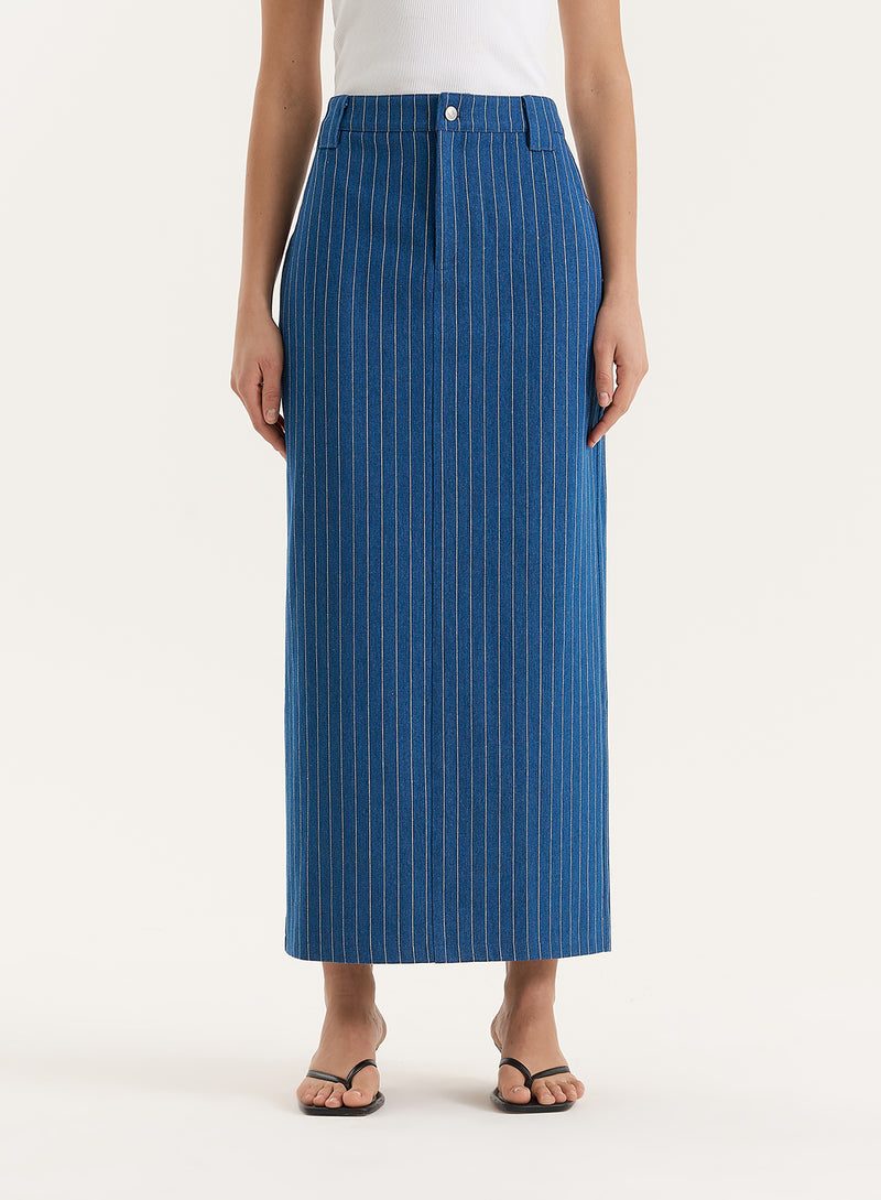 Blue Pinstripe Tailored Denim Maxi Skirt- Dionne