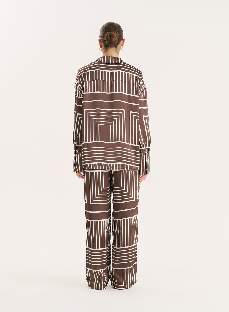 Chocolate Abstract Print Satin Trouser- Amira