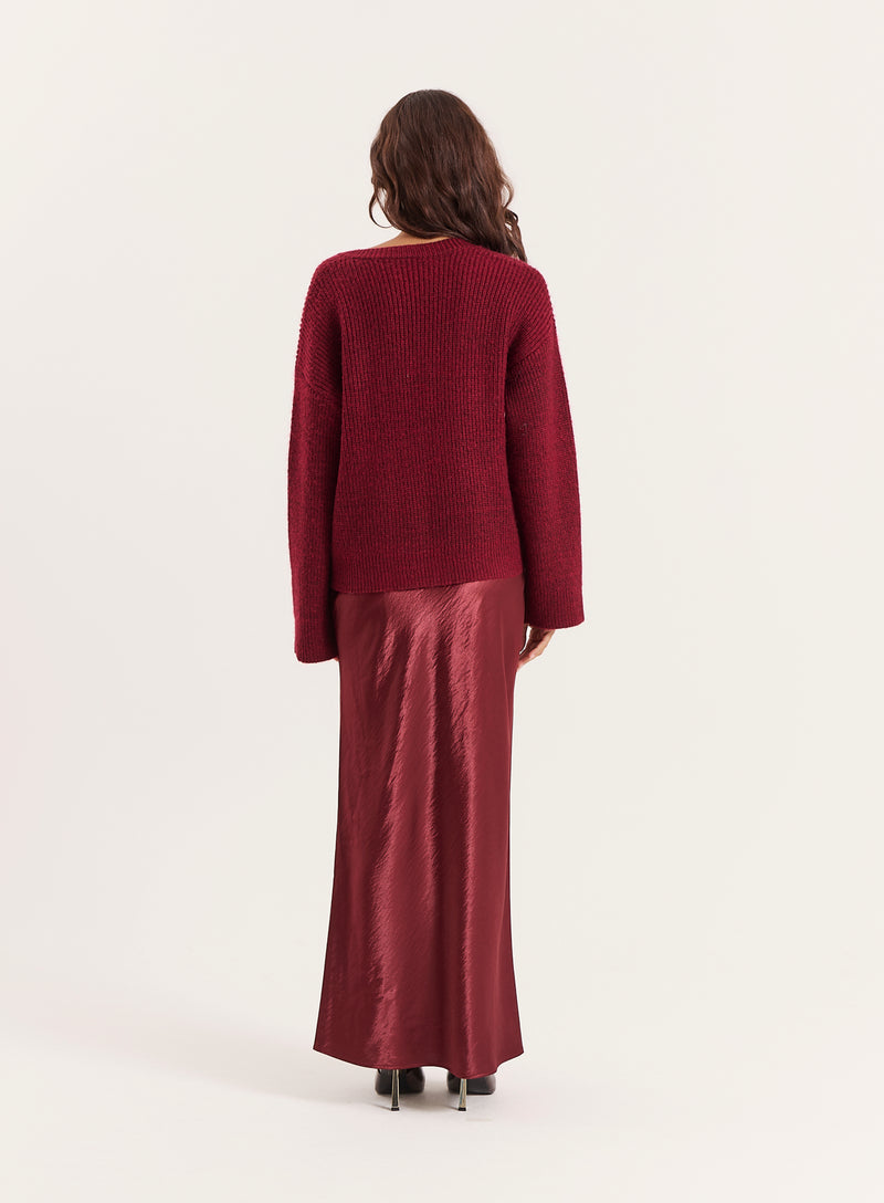 Burgundy Satin Maxi Skirt- Novah