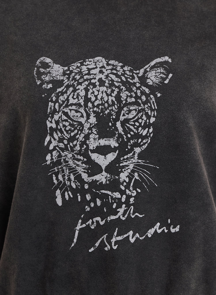 Black Acid Wash Leopard Motif Oversized Sweatshirt- Cara