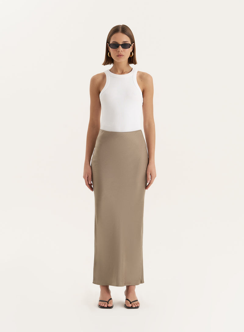 Olive Satin Maxi Skirt- Novah