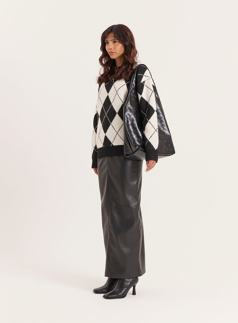 Black And Cream Knitted Argyle Crew Neck Jumper- Molly