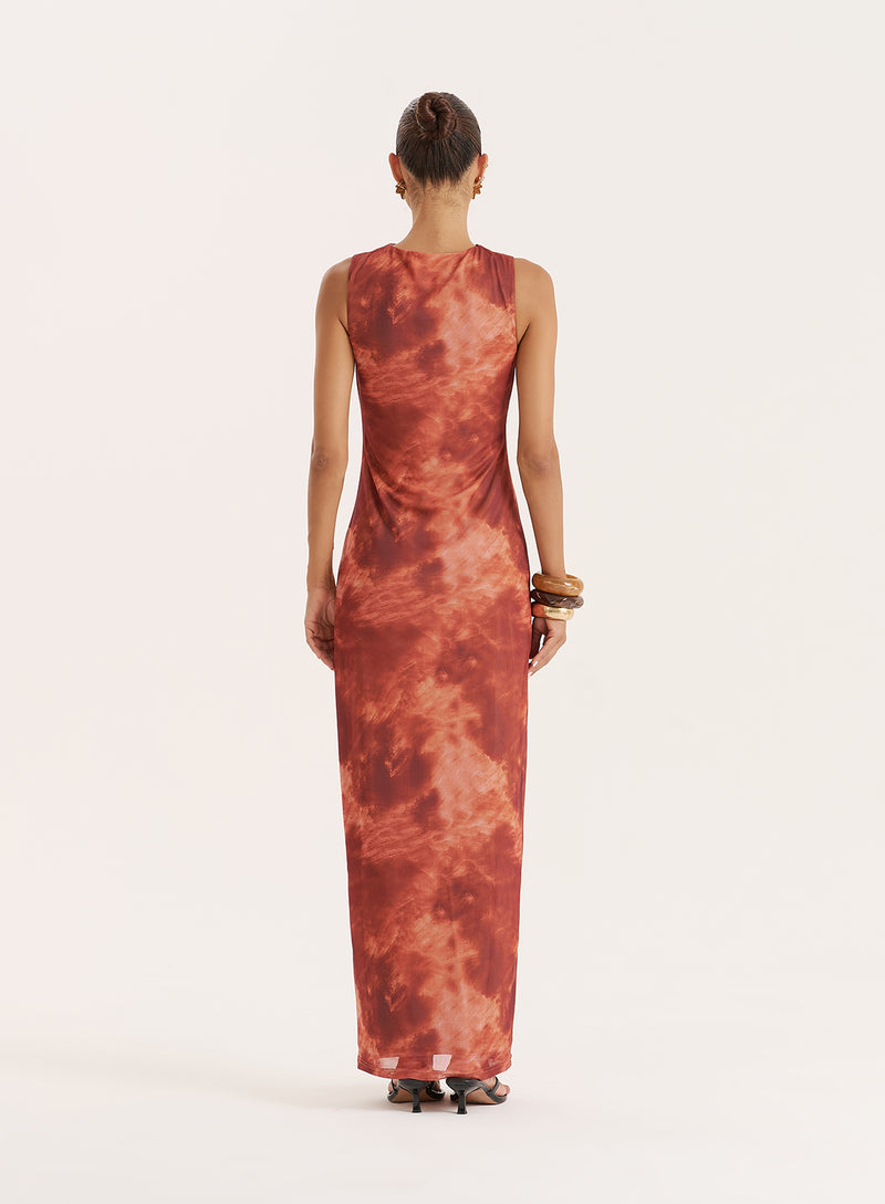 Rust Print High Neck Sleeveless Maxi Dress- Becka