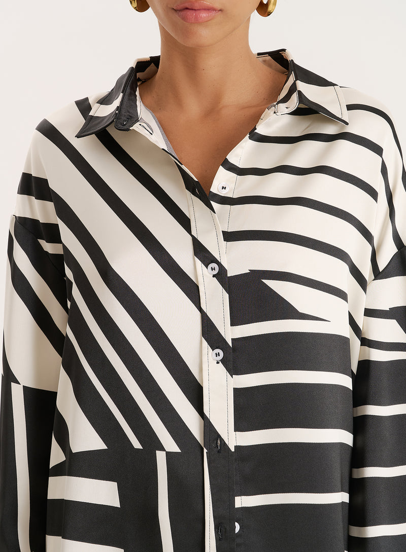 Black And White Abstract Print Satin Shirt- Amira