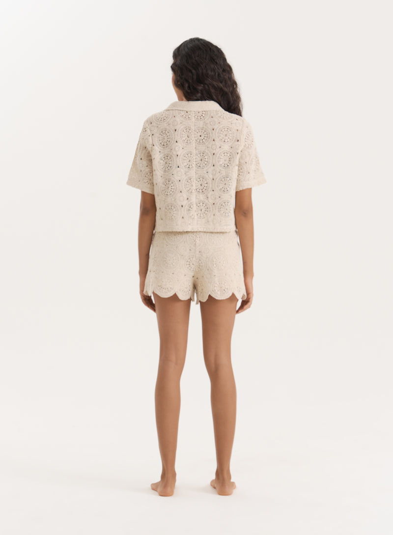 Beige Crochet Short Sleeve Shirt- Sabrina