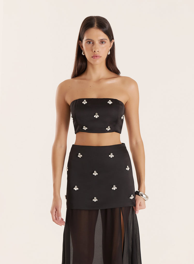 Black Satin Embellished Bandeau Crop Top- Nobu