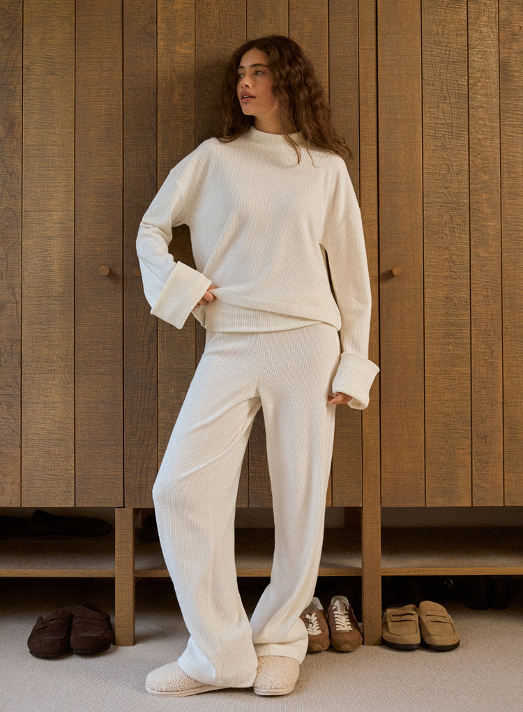 Ecru Foldover Waist Wide Leg Jersey Trousers