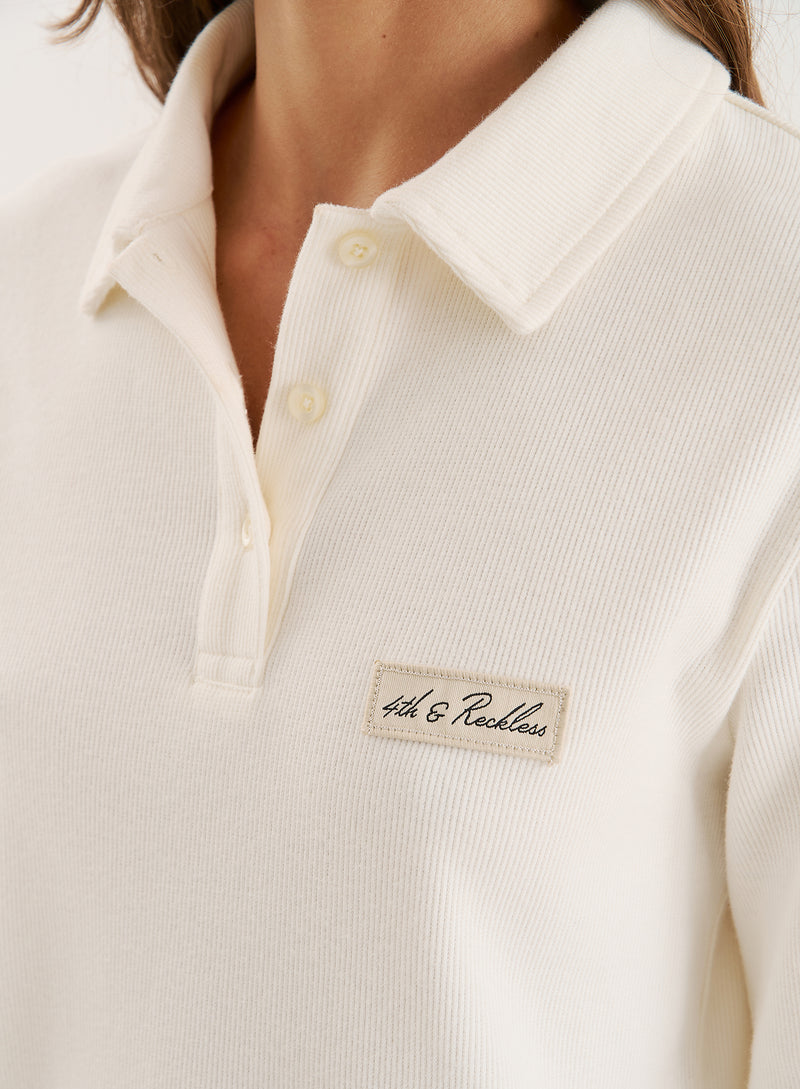 Ecru Fine Ribbed Jersey Longsleeve Top- Liliana