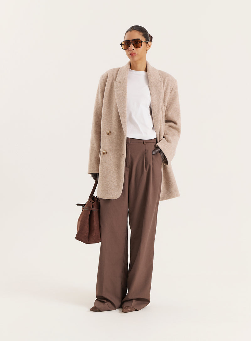 Oatmeal Longline Double Breasted Oversized Blazer- Floriana