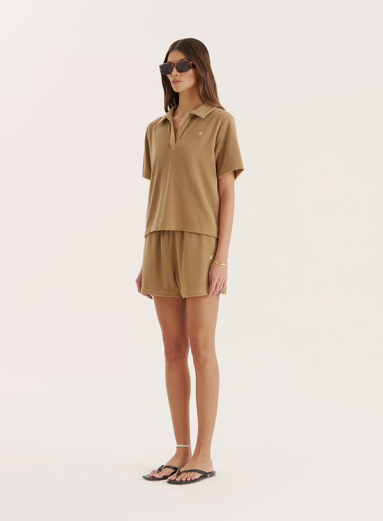 Camel Towelling Short Sleeve Polo Top- Zita