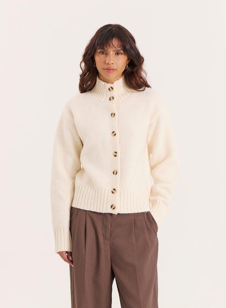 Cream Knitted Ribbed Cuff Button Down Cardigan- Terry