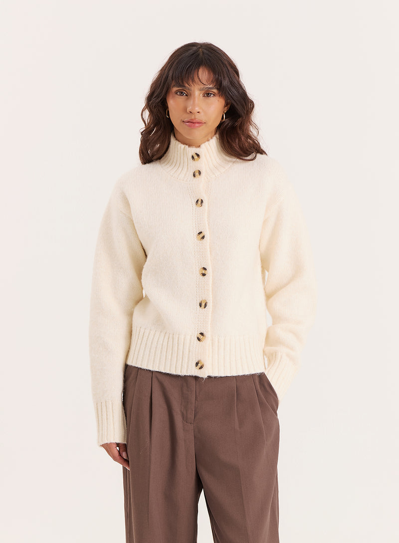 Cream Knitted Ribbed Cuff Button Down Cardigan- Terry