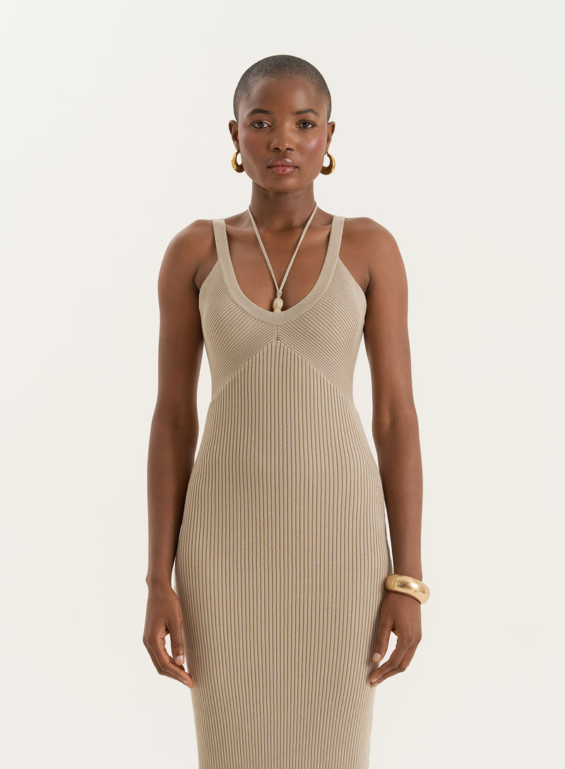 Beige Knitted Halterneck Detail Maxi Dress- Dion