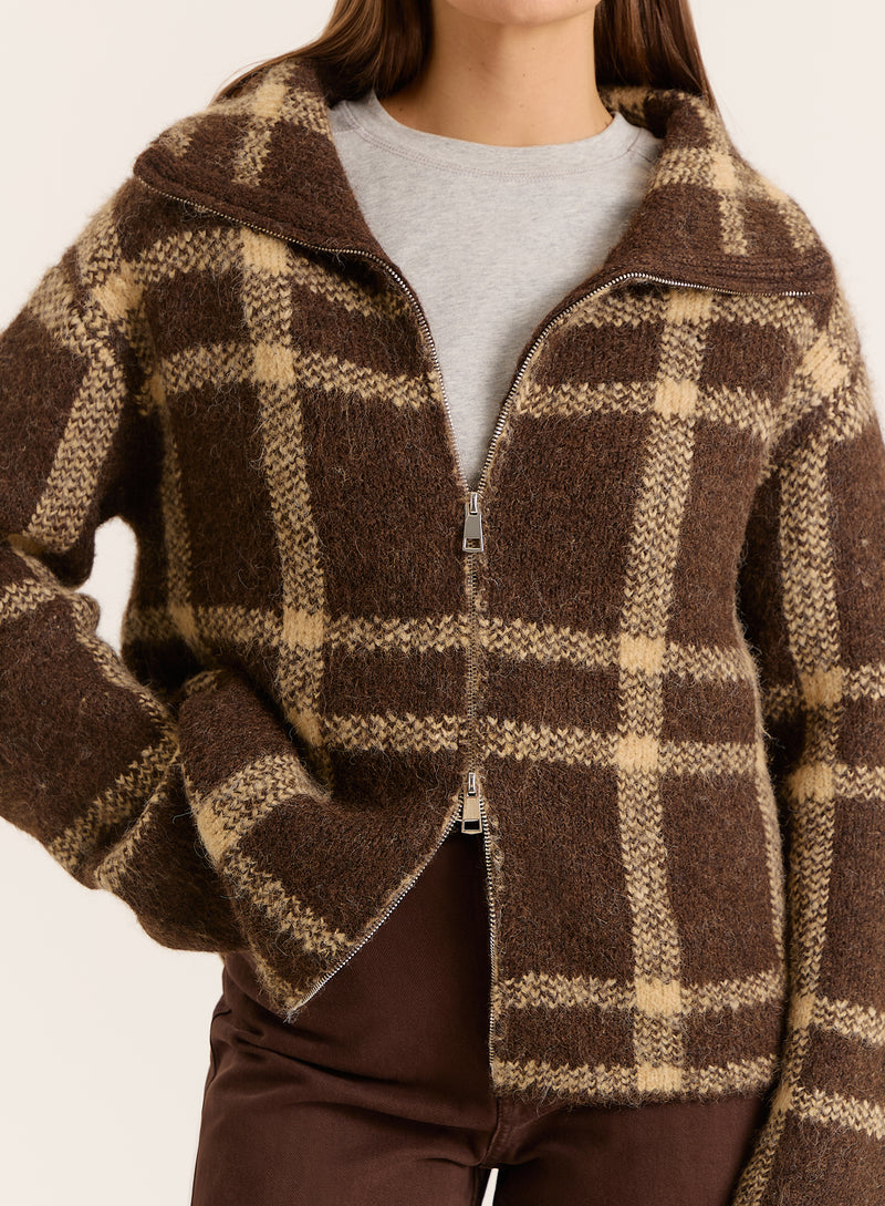 Chocolate Checked Knitted Zip Jacket- Samira