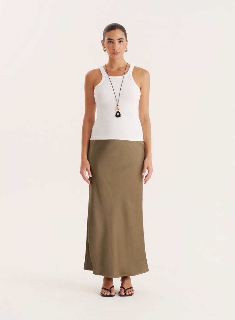 Khaki Satin Maxi Skirt- Novah