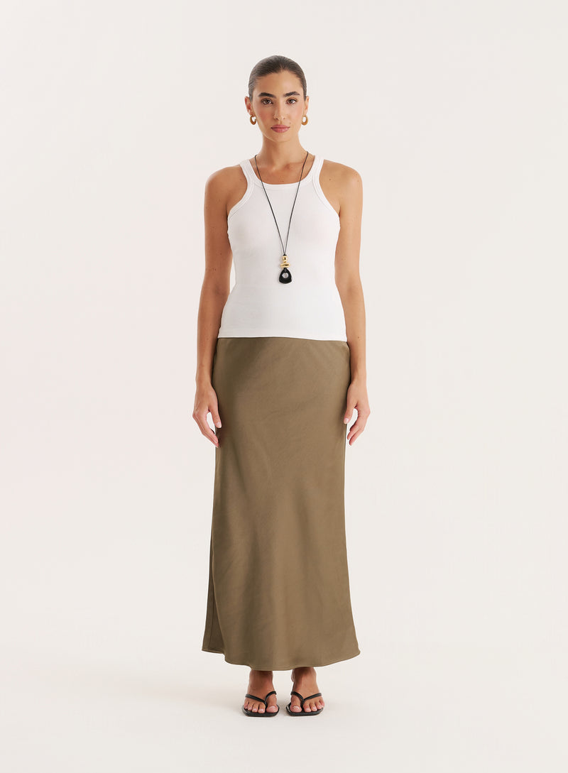 Khaki Satin Maxi Skirt- Novah