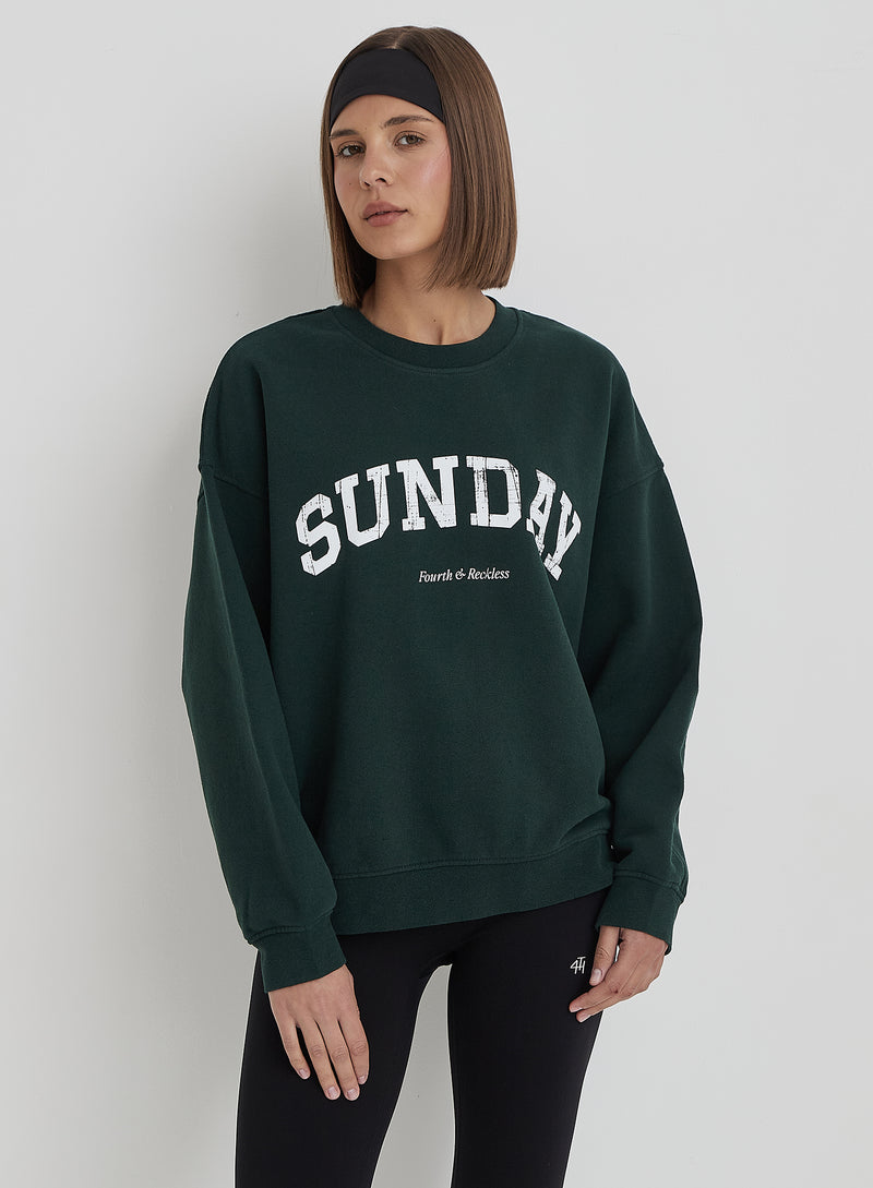 Green Distressed Sunday Slogan Oversized Sweatshirt- Amanda